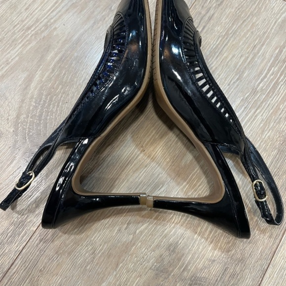 Coach and Four Slingback Black Open Toe Heels with Cut Out Elements - Picture 4 of 14